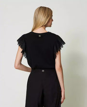 Load image into Gallery viewer, Twinset T-Shirt with Scalloped Lace Sleeve in Black
