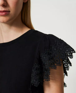 Twinset T-Shirt with Scalloped Lace Sleeve in Black
