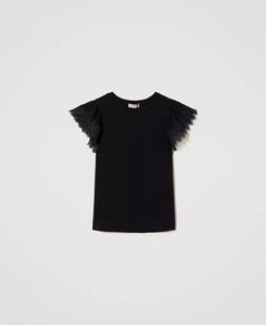 Twinset T-Shirt with Scalloped Lace Sleeve in Black