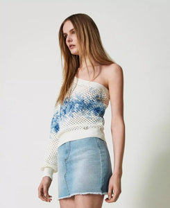Twinset One-Shoulder Sweater in Ivory/Blue