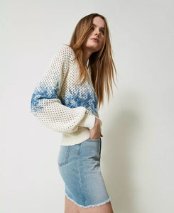 Twinset One-Shoulder Sweater in Ivory/Blue