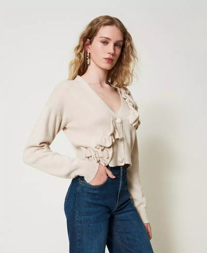 Twinset Ruffle Cardigan in Almond