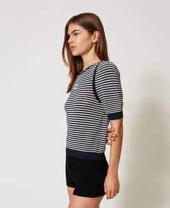 Twinset Striped Sweater in Snow/Blue Night