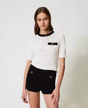 Load image into Gallery viewer, Twinset Short Sleeve Sweater in Snow White/Black
