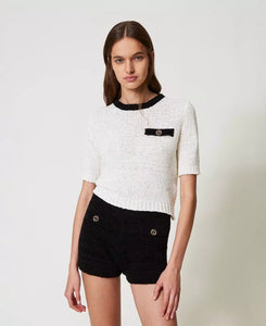 Twinset Short Sleeve Sweater in Snow White/Black