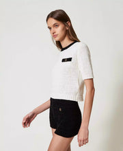 Load image into Gallery viewer, Twinset Short Sleeve Sweater in Snow White/Black
