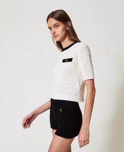 Twinset Short Sleeve Sweater in Snow White/Black