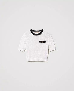 Twinset Short Sleeve Sweater in Snow White/Black