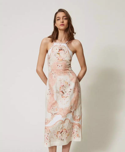 Twinset Floral Tapestry Linen Dress in Dusty Coral Shade Print