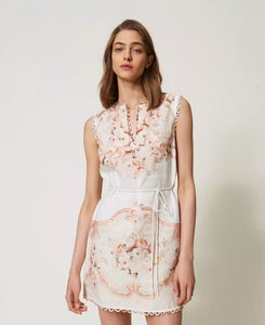 Twinset Short Printed Linen Dress in Tapestry Flowers