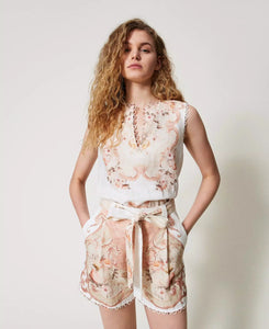 Twinset Printed Linen Shorts in Tapestry Flowers