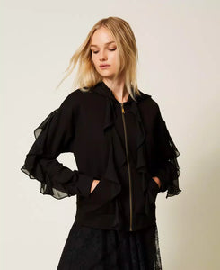 Twinset Sweatshirt Jacket with Georgette Ruffles
