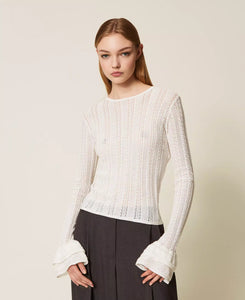 Twinset Flounce Sleeve Fitted Top in White