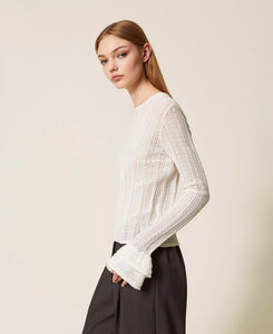 Twinset Flounce Sleeve Fitted Top in White