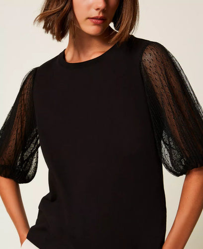Twinset T-Shirt with Tulle Sleeves in Black