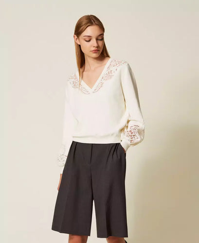 Twinset Sweater with Embroidered Inlays in Snow White