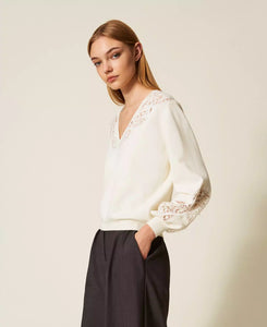 Twinset Sweater with Embroidered Inlays in Snow White