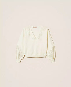 Twinset Sweater with Embroidered Inlays in Snow White