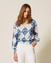 Load image into Gallery viewer, Twinset Diamond Floral Print Sweater in Blue Topaz Diamond Flower Print
