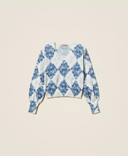 Load image into Gallery viewer, Twinset Diamond Floral Print Sweater in Blue Topaz Diamond Flower Print
