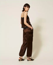 Load image into Gallery viewer, Twinset Satin Cargo Trousers in Darkness Brown
