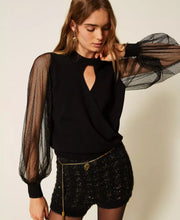 Load image into Gallery viewer, Twinset Tulle Sleeve Sweater in Black
