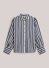 Load image into Gallery viewer, A long-sleeve button-up shirt with vertical navy blue and white stripes, featuring a classic collar and button-down front, displayed on a neutral light gray background.

