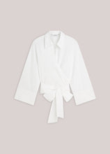 Load image into Gallery viewer, A white long-sleeve wrap blouse with a pointed collar and a self-tie belt at the waist, displayed flat against a solid light beige background.
