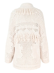 Autumn Cashmere Fringed Shawl Collar Cardigan in Sand