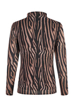 Load image into Gallery viewer, A long-sleeve mock neck top featuring a zebra-like vertical stripe pattern in black and a dusty rose pink, shown against a plain white background.

