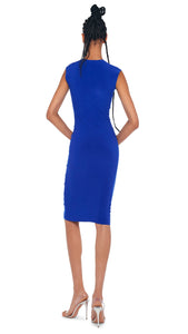Norma Kamali Sleeveless V Neck Shirred Front Dress in Elecrtic Blue