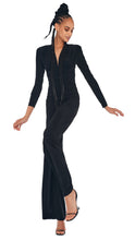 Load image into Gallery viewer, Norma Kamali Shirred Waist V Neck Shoulder Pads Jumpsuit in Black
