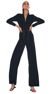 Norma Kamali Shirred Waist V Neck Shoulder Pads Jumpsuit in Black