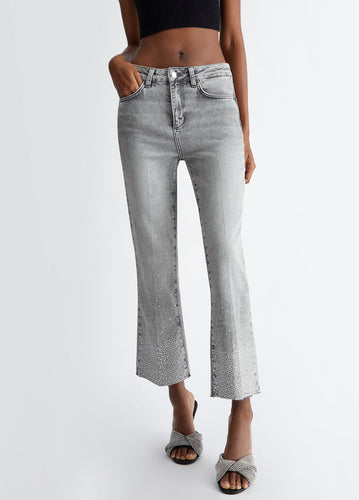 LIU JO Cropped Bootcut Gemstone Jeans in Grey Denim