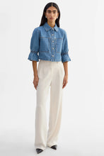 Load image into Gallery viewer, LAMARQUE Carolina Denim Ruffle Jacket in Mid Blue Wash
