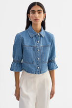 Load image into Gallery viewer, LAMARQUE Carolina Denim Ruffle Jacket in Mid Blue Wash
