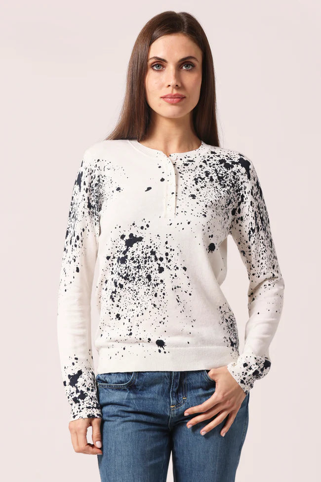Minnie Rose Paint Splatter Henley in White/Navy