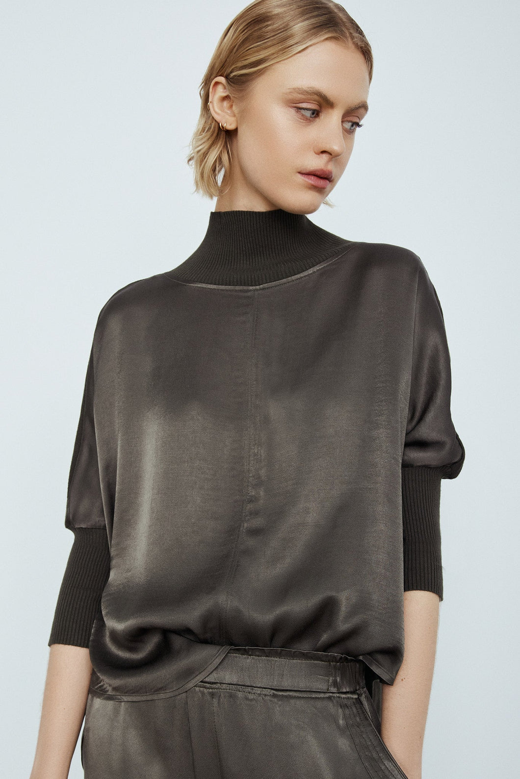 Melissa Nepton Fynn Satin Top in Dark Khaki