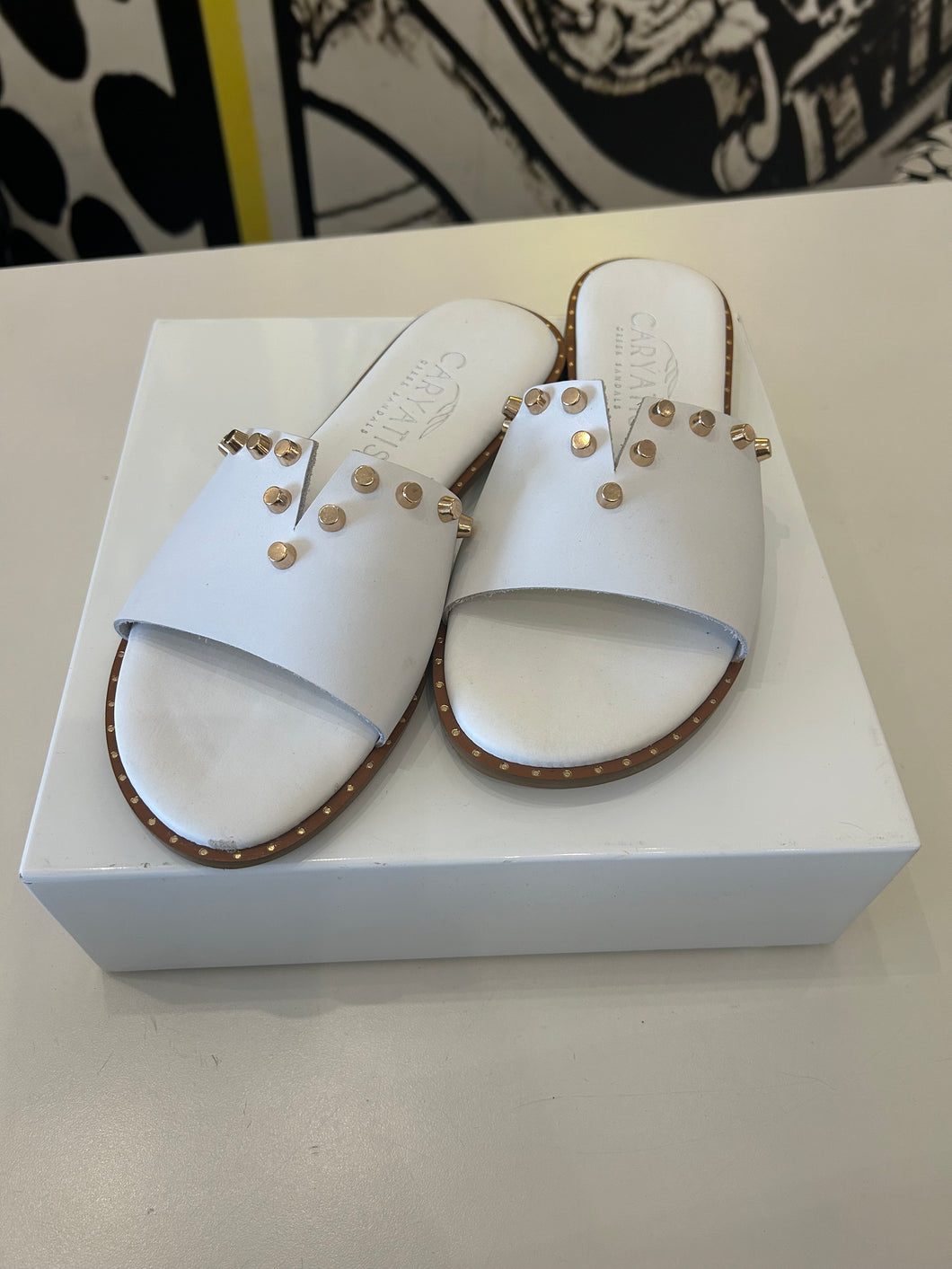 Caryatis White Sandal with Gold Studs