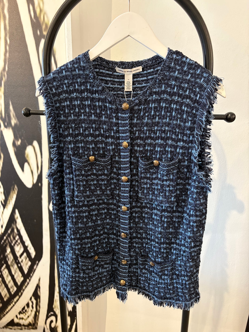 Autumn Cashmere Tweed Fringe Vest in Navy Blue Combo