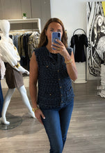 Load image into Gallery viewer, Autumn Cashmere Tweed Fringe Vest in Navy Blue Combo
