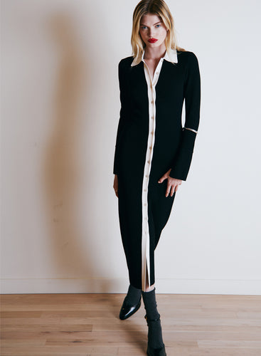 Autumn Cashmere Long Sleeve 2-Tone Polo Dress w/ Cuffs in Black/Sand