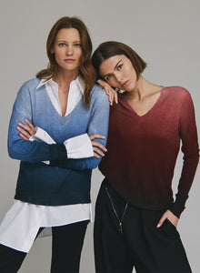 Autumn Cashmere Ombre Print Distressed Edge Sweater in Raw Denim Combo