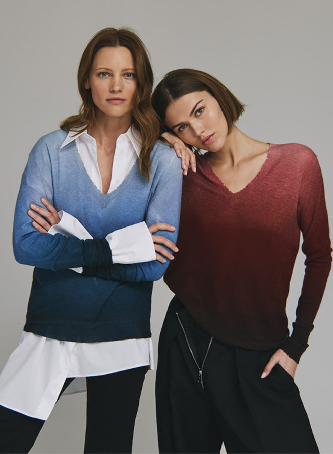 Autumn Cashmere Ombre Print Distressed Edge Sweater in Raw Denim Combo