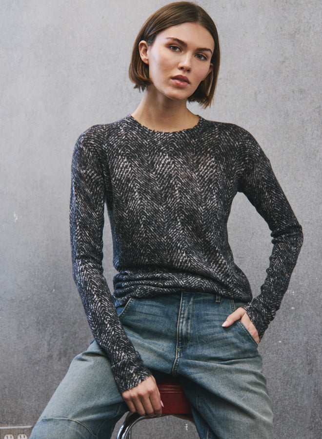 Autumn Cashmere Herringbone Print Raw Edge Crew