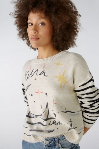 Oui Stripe & Print Sweater in Light Stone