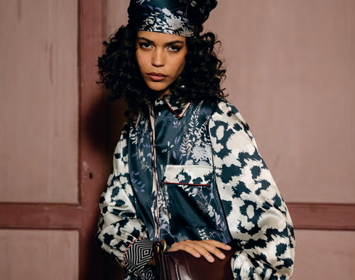 Herzen's Angelegenheit Foilage Print Silk Blouse in Marino Starlight