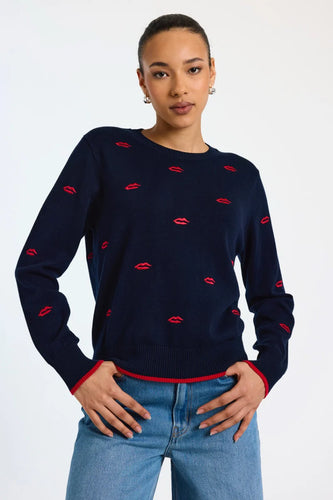 WSPR by Brodie Leila Embroidered Lips Crew Top in Navy/Tomato
