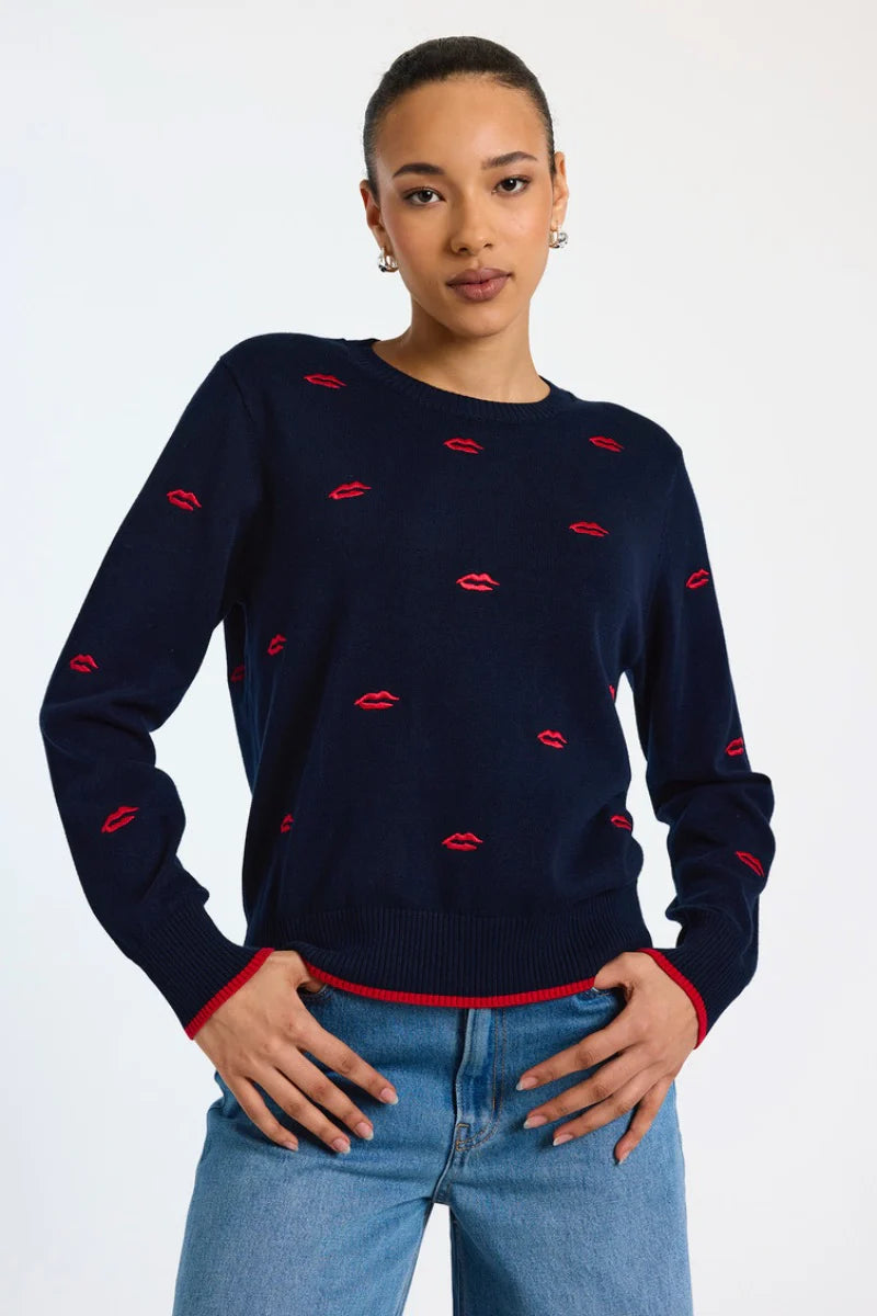 WSPR by Brodie Leila Embroidered Lips Crew Top in Navy/Tomato