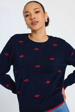 Load image into Gallery viewer, WSPR by Brodie Leila Embroidered Lips Crew Top in Navy/Tomato
